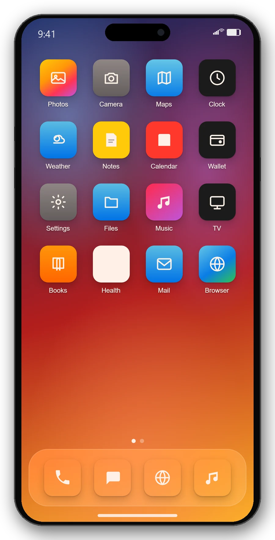 iOS-style home screen with app icons and dock